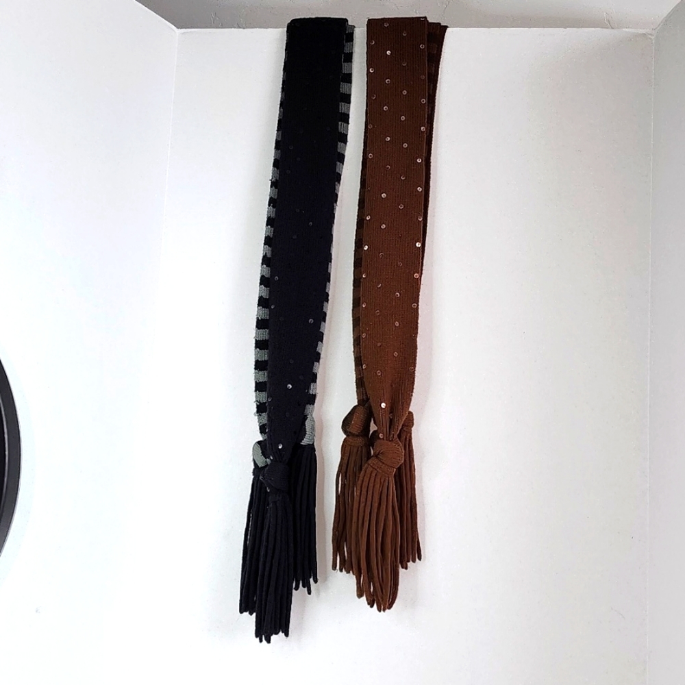 Fossil two thin scarves solid with sequins  and striped sweater type with tassel